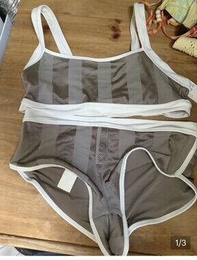 Aerie Striped Taupe & White Two-Piece Swim Set